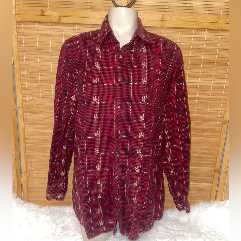 Krazy Kat red plaid leaf button up shirt top womanโs large